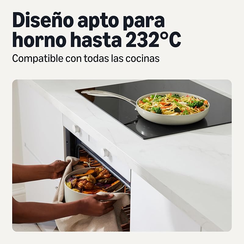 Batería de Cocina Antiadherente de Cerámica, Juego de 8 Piezas de Ollas y Sartenes, Aptas para Lavavajillas y Horno, Compatibles con Todo Tipo de Fuegos, Gris Lino