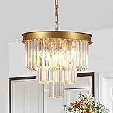 Gold Crystal Chandeliers 16” Modern Pendant Light Fixture for Dining Room | Small Dimmable Flush Mount Chandelier Light Fixture K9 Crystal Chandeliers for Foyer Kitchen Island Entryway Living Room