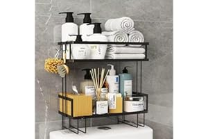 ShellKingdom Over The Toilet Storage Shelf, 2 Tier Toilet Paper Holder Stand Shelves, Punch-Free Bathroom Storage Rack with 2 Hooks, Small Space Organizers for Bathroom, Home, Countertop, Black