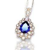 Teardrop Tanzanite Necklace - Rose Gold Sterling Silver - 3 Ct Lab Growing Blue Tanzanite Pendant - December Birthstone - Layered Lily Flower Jewelry 18" #751