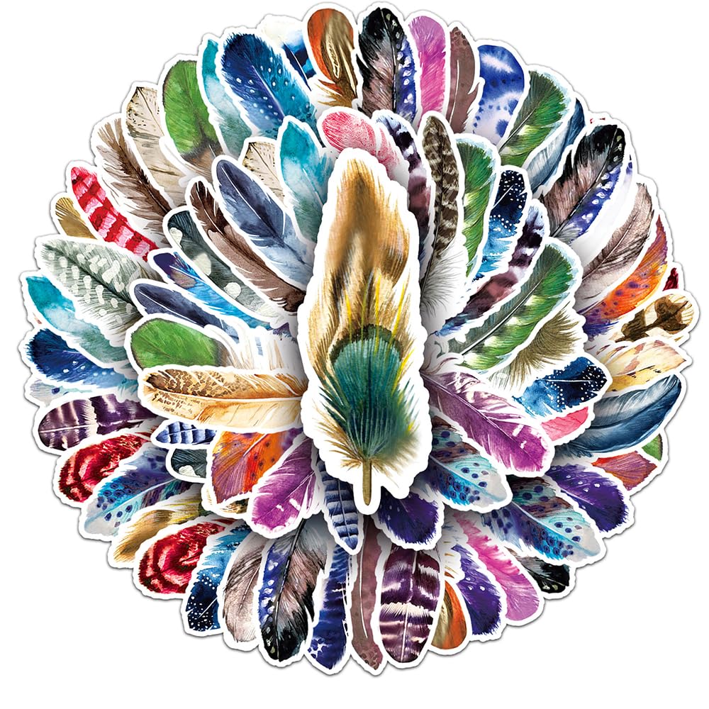 Watercolor Feather Vinyl Stickers, 50 PCS Waterproof Decals for Laptops, Scrapbooking, Journals, Notebooks, Water Bottles, Suitcases, Phones & DIY Decor