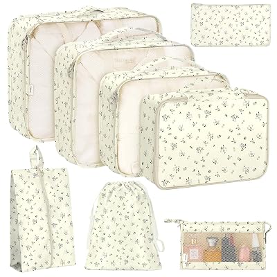 KPX 8 Set Packing Cubes for Travel, Luggage Packing Organizers Accessories Large Toiletries Bag for Clothes Shoes Cosmetics (8Set-Gray Flower)