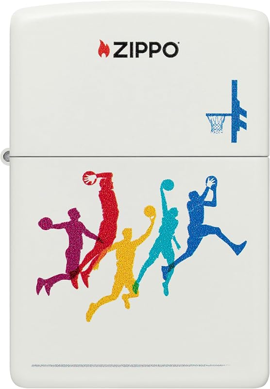 Briquet tempête Basketball, Basket-Ball, Blanc Mat, Image Couleur, Rechargeable, réutilisable, Design Coupe-Vent, boîte Cadeau, fabriqué aux États-Unis