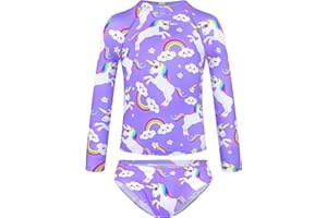 TENVDA Girls Swimsuit Long Sleeve Rash Guard Sets UPF 50+ Two Piece Bathing Suits Size 3-12 Years