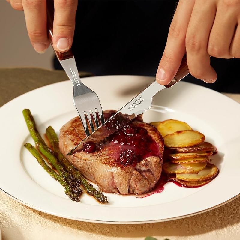 Steakmesser-Set 6-teilig - Perlschliffklinge zum Schneiden und Filetieren von Fleisch, Edelstahlklinge und Griff aus Buchenholz - Serie Mesa