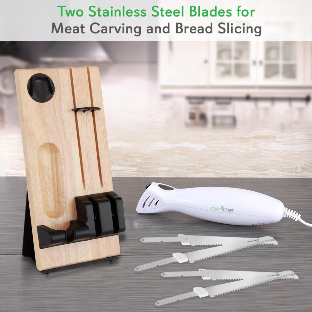NutriChef PKELKN16 Portable Electrical Food Cutter Knife Set with Bread and Carving Blades, Wood Stand, One Size, White (Pack of 4): Kitchen & Dining