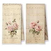 YRDBGHZDF Vintage Pink Roses Floral Kitchen Towels, Rustic Rose Flower Dish Tea Towels, Retro Farmhouse Botanical Decorative Hand Towel for Bathroom Kitchen, 16x24 Inch Set of 2