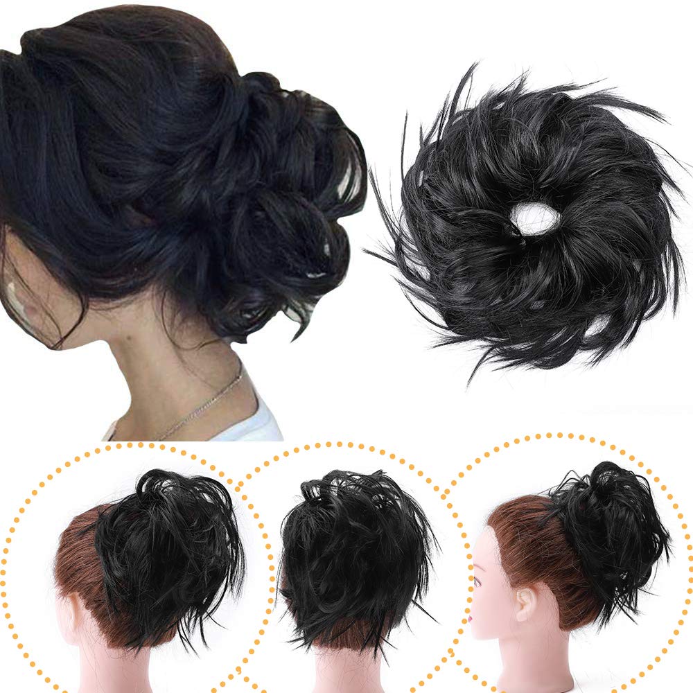 Scrunchy Scrunchie Hair Bun Curly Hairpieces Messy Updo Hairpiece Chignons Wavy Donut Synthetic 45g -Jet Black