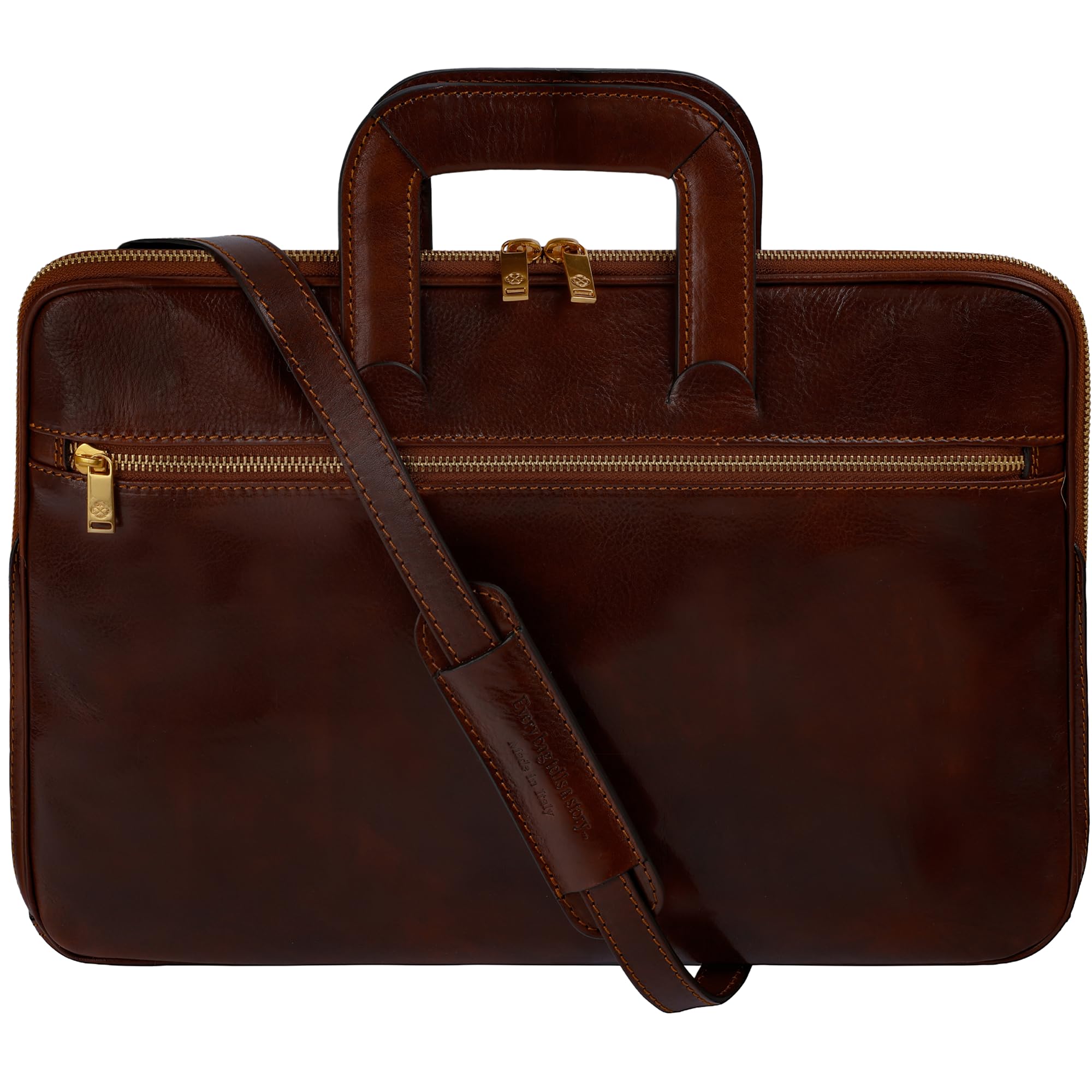 Time Resistance Slim Leather Briefcase - Italian Handmade Leather Computer Bag - Laptop Bag (Brown)