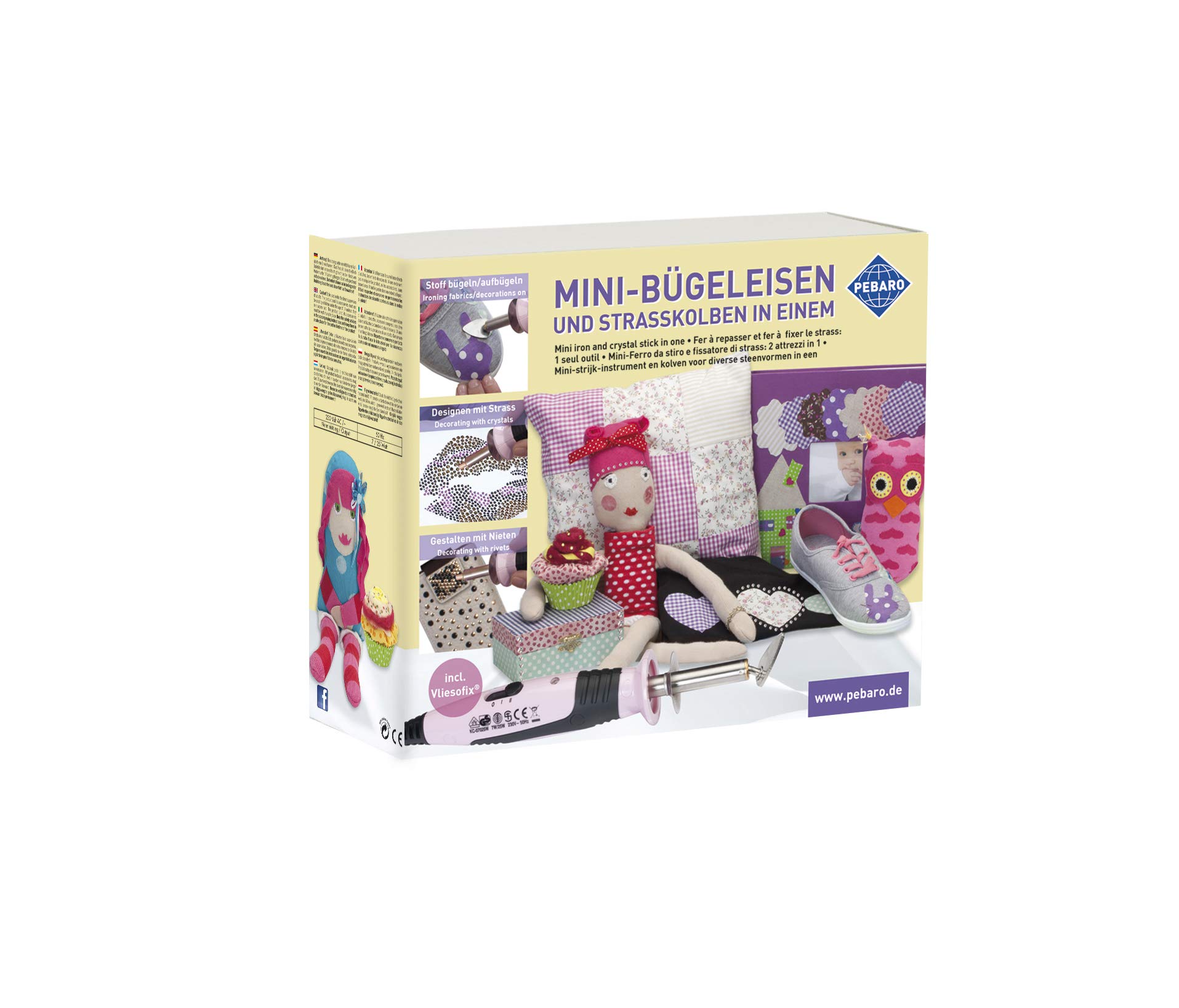 Pebaro Craft Kit Mini Irons and Rhinestone Plunger in one, 14 Different Attachments, for Design with Fabric and Rhinestones, Plastic, 19 x 23 x 8.5 cm