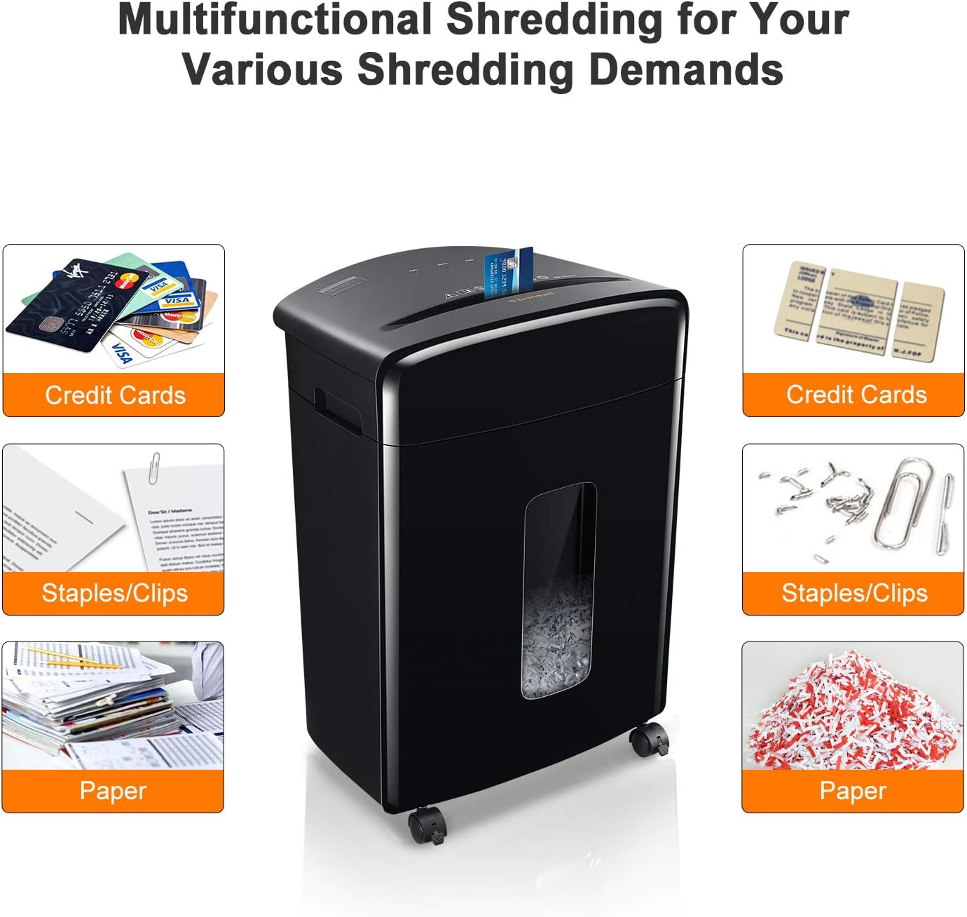 Bonsaii Updated 15-Sheet Cross-Cut Paper Credit Card Shredder for Office with 5.3 Gallon Pullout Basket and 4 Casters, 30 Minutes Running Time, Black (C221-A) : Electronics