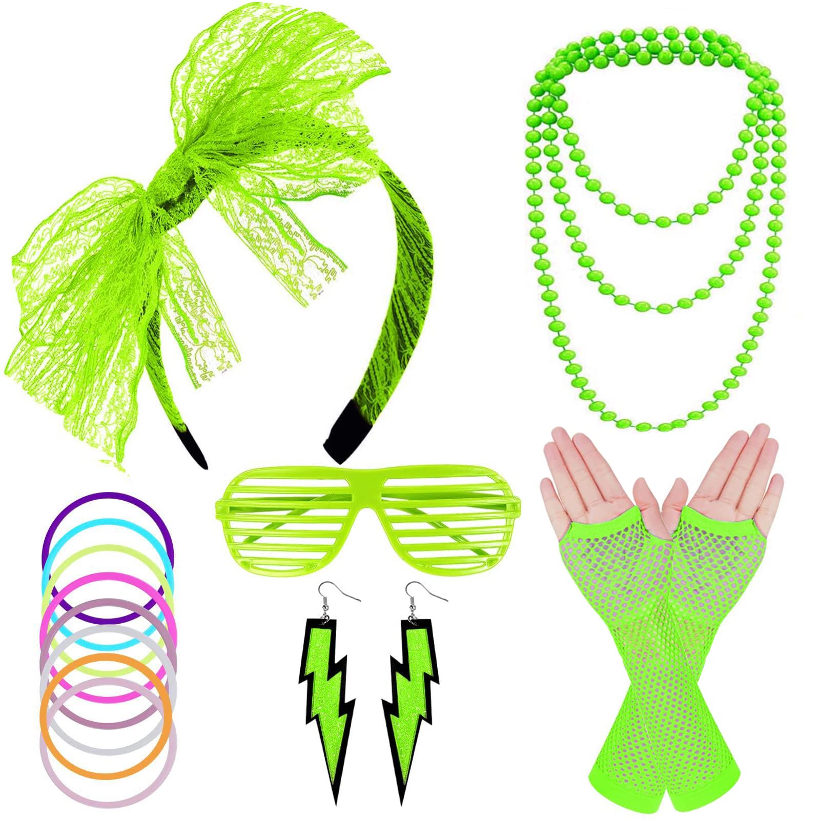FACATH 80s Neon Necklaces Bracelets Fishnet Gloves Lace Bow Headband Neon Earrings 1980s Fancy Dress Accessories Green Party Costume for Women Girls Ladies (Green)