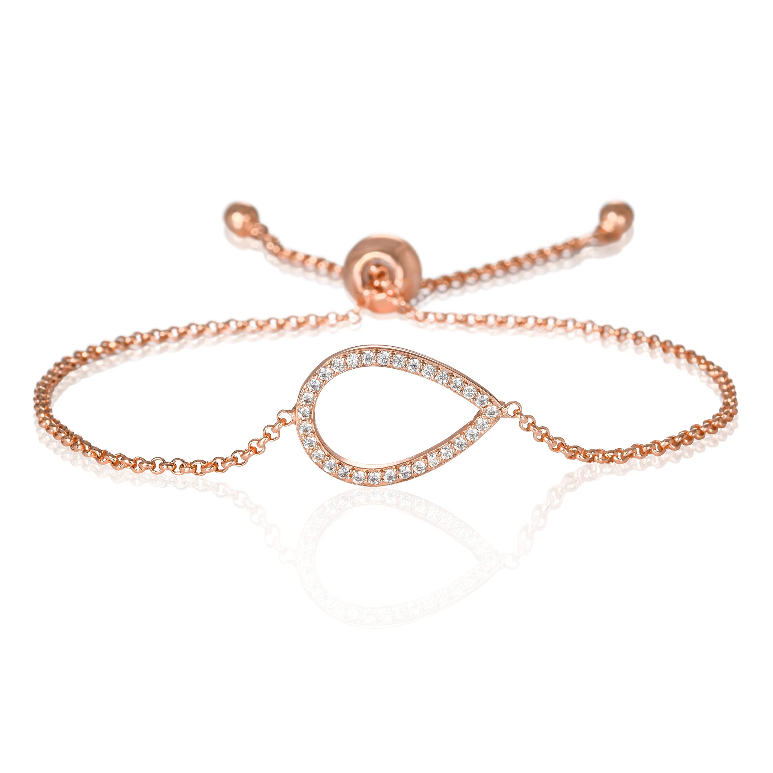 namana Pear Bracelet with Cubic Zirconia. 18 Carat Rose Gold Plated or Fine Silver Coloured Bracelet for Women. Pear Adjustable Bracelet with Gift Box (Rose Gold, 18ct Gold Plated Base Metal)