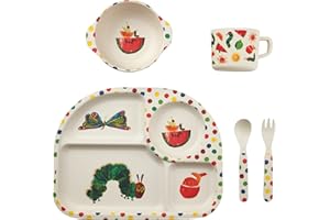 FUN KINS Funkins Bamboo Dish Set - Eco-Friendly Bamboo Dishes for Kids & Toddlers - Includes Divided Plate, Bowl, Cup, Fork & Spoon - Dishwasher Safe & BPA Free (World of Eric Carle, Citrus)