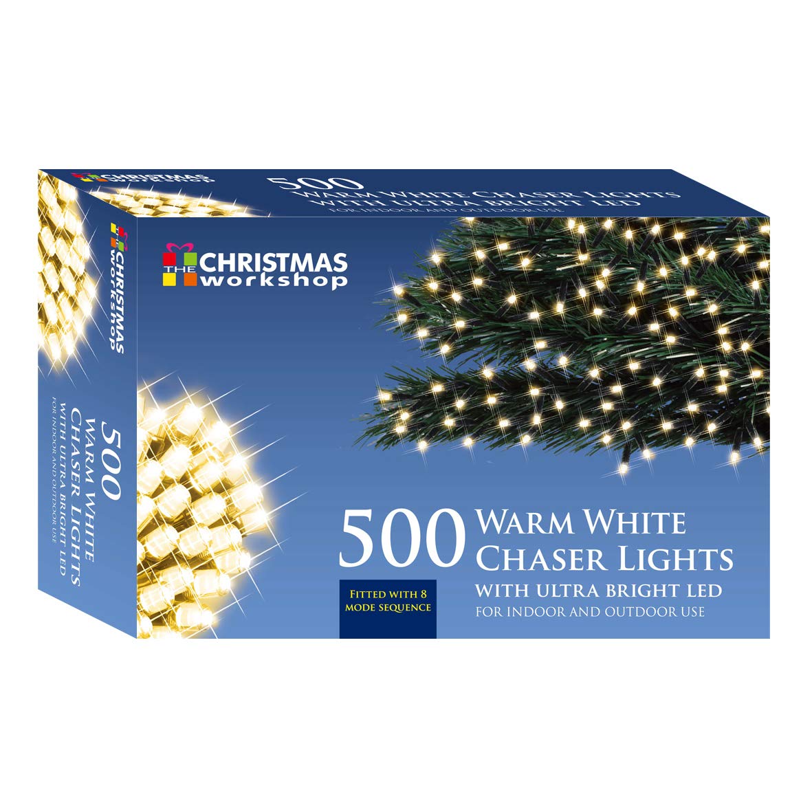 The Christmas Workshop 77070 500 LED Warm White Chaser Christmas Lights / Indoor or Outdoor Fairy Lights / 34.9 Metres / 8 Light Modes / Great For Christmas, Weddings & Gardens