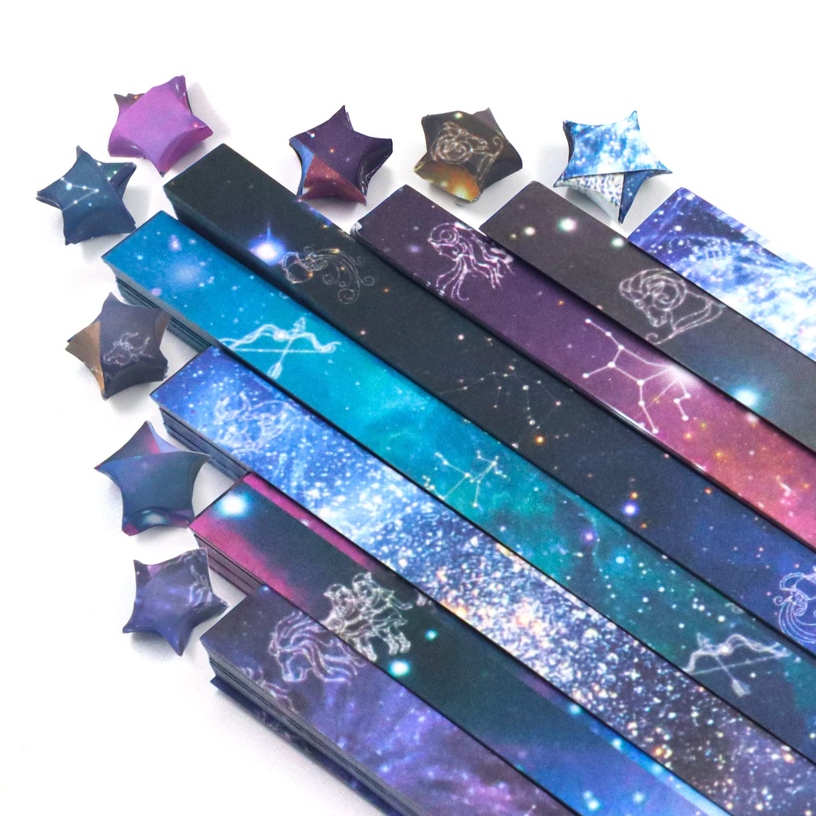 540 Sheets 12 Constellation Lucky Star Origami Paper Strips Galaxy, 8 Different Designs of Beautiful Outer Space Starry Sky for Art DIY Crafts Supplies, Pastel Star Folding Paper (A)