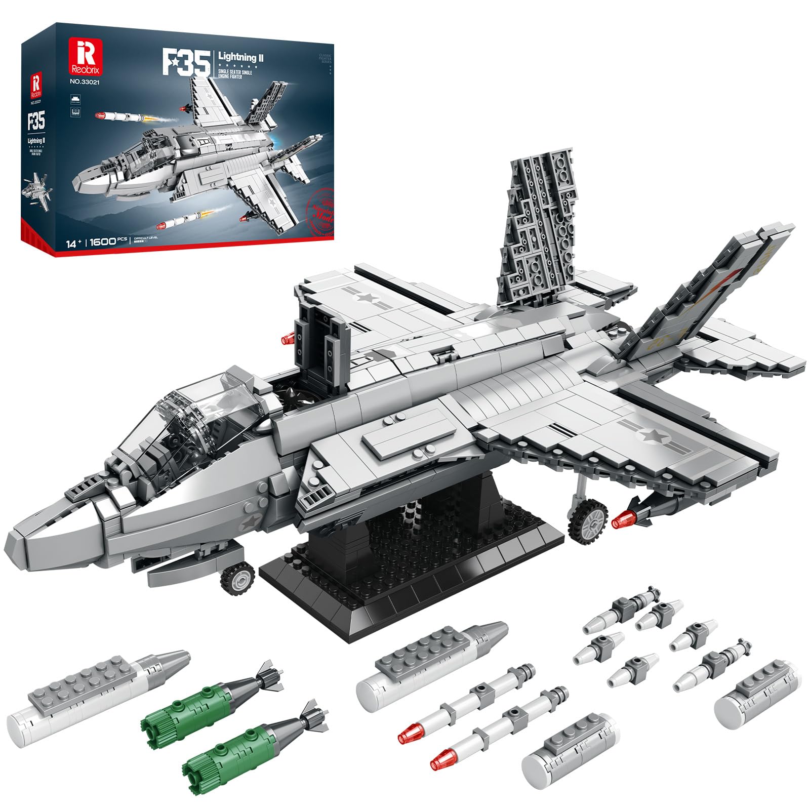 Reobrix F-35 Fighter Jet Building Toy Set, Military Lightning II Joint Strike Fighter Airplane Army Model for Adult, 33021 Plane Aircraft Hobboy Construction Toy Gifts for Boys Kids 14+ (1600 Pcs)