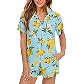 Poetesant Pajamas Sets Two Piece Sleepwear for Women Plus Size Button Down Pjs Fruits Theme Lounge Sets