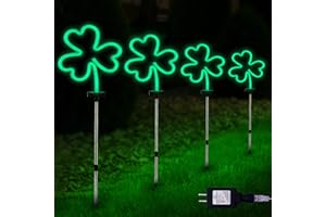 BlcTec St Patricks Day Decorations Outdoor, 4PCS Shamrock Neon Lights with Stainless Steel Stakes, Waterproof Irish Green Shamrock Pathway Lights for Yard Lawn Garden Porch Decor, Plug in