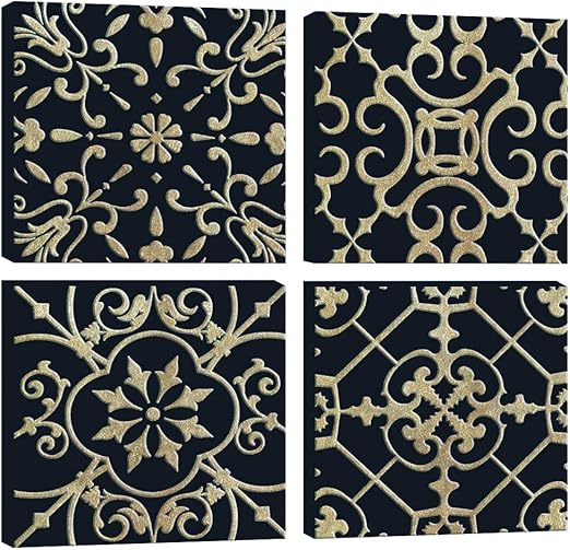 Amazon Com Davod Canvas Wall Art For Bedroom Gold Foil Pattern Black Boho Vintage Theme Pictures For Bathroom Wall Decor Framed Artwork Prints 16x16inches 4panels Everything Else