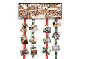 Gwisml Christmas Card Holder,Christmas Hanging Sign Display,Tree Gift Card Holder,We Wish You A Merry Christmas Wooden Sign Picture Holder with 30 Clips for Xmas Farmhouse Home Party Wall Decor