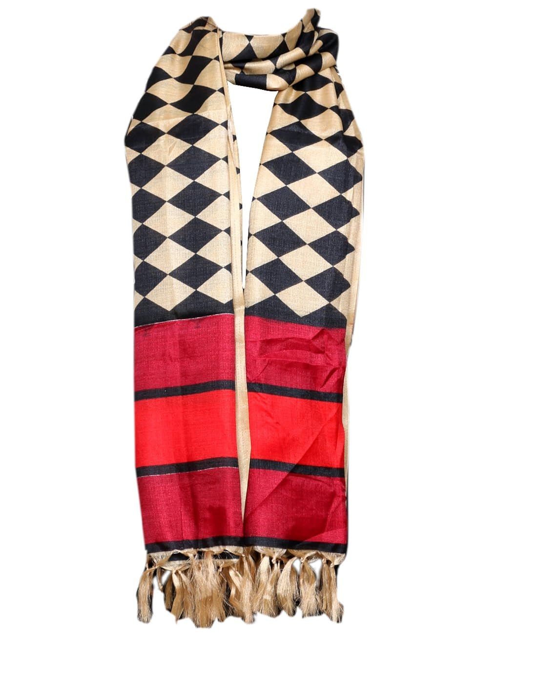 indiweaves women bhagalpuri/tussar silk digital print black+red dupatta