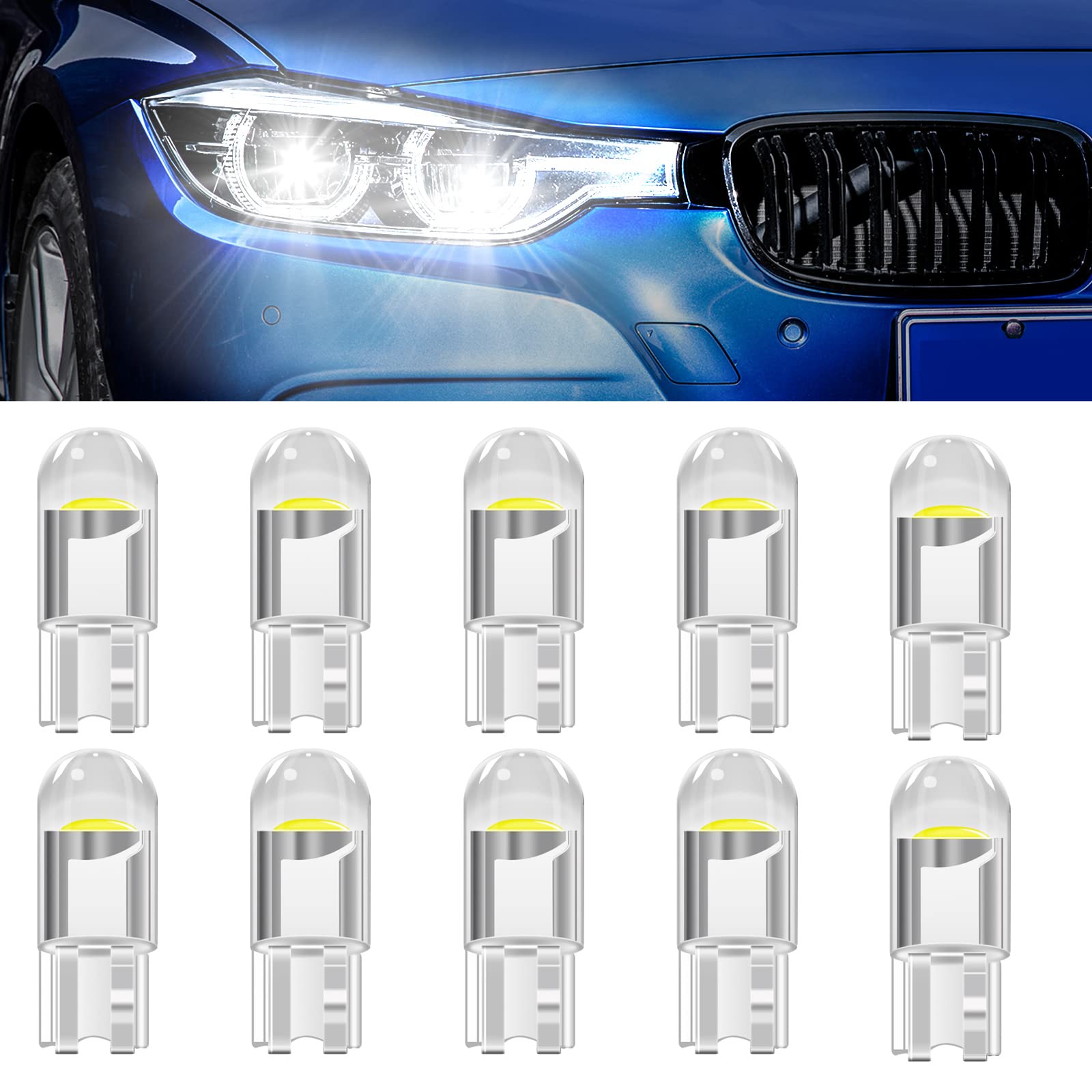 YnGia Transparent T10 LED, W5W 501 194 168 LED Light, 10PCS Cool White 6000K 12V for Car Sidelights, Interior Light, Dashboard, Number Plate, Boot (White)
