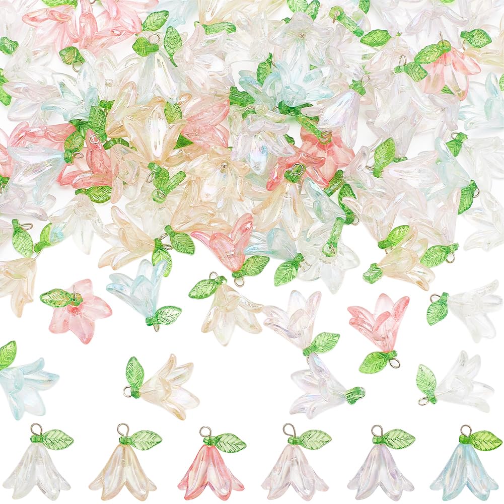 SUNNYCLUE 90Pcs Acrylic Lily Charms - Bulk Flower Leaf Transparent Plastic Floral Leaves - Small Valley Charms for DIY Jewelry Making - Necklace, Bracelet, Keychains, Earring - Adults