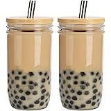 Mixrug Bubble Tea Cups 24oz 2 Pack, Reusable Iced Coffee Cups Wide Mason Mouth Smoothie Cups With Bamboo Lids and Silver Stra