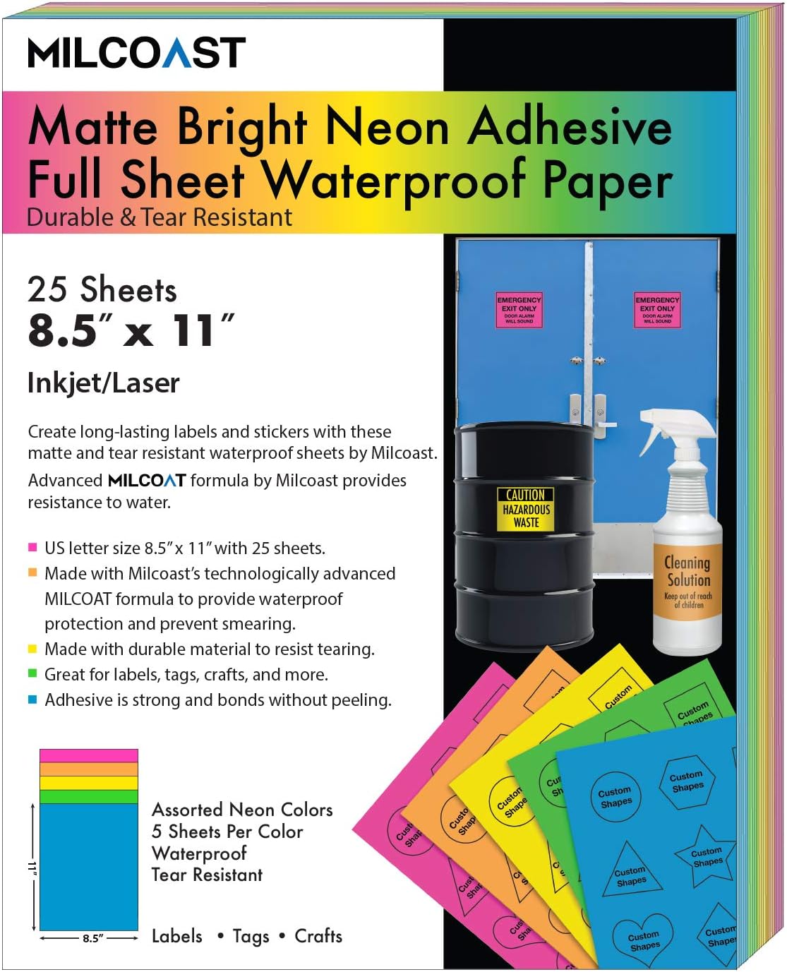 Milcoast Bright Neon Full Sheet 8.5 x 11 inch Matte Waterproof Tear Resistant Adhesive Sticker Paper for Inkjet/Laser Printers - 5 Color Pack (25 Sheets)
