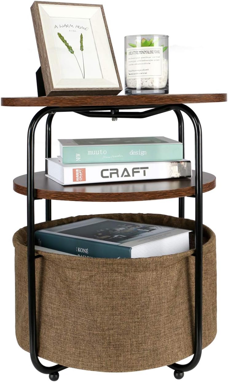 YOURLTIE 3-Tier Round Side Table with Fabric Storage Basket Walnut Wood End Table Multipurpose Nightstand Table for Bedroom and Living Room