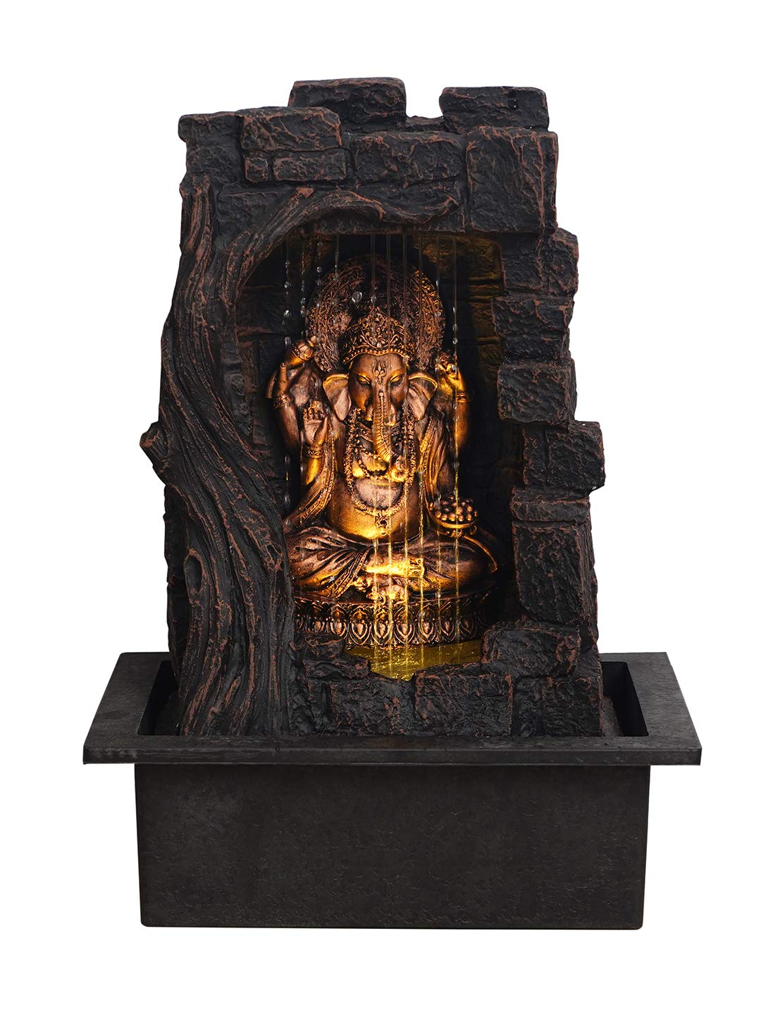 CHRONIKLE Polyresin Ganesha Idol Golden Brown Table Top Home Decor Indoor Front Curtain Waterfall Fountain with Yellow LED Lights & Speed Controller Pump (Size: 40 x 29.5 x 22 CM | Weight: 2265 grm)