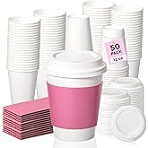 Fit Meal Prep 50 Pack 12 oz Disposable Coffee Cups With Lids and Pink Sleeves, Lead-Proof Sturdy To-Go Cups, Hot Paper Cups for Party, Wedding, Birthday (White Lids)