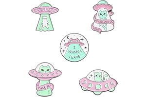 ROFARSO Fun Alien Cat Enamel Lapel Pin Set Cartoon UFO Pin, Halloween Accessory for Backpacks Clothing Bags Hats Shirts (5piccs pin set)