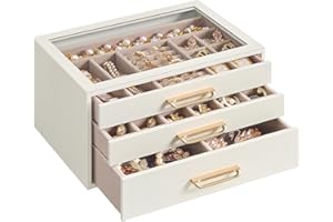 SONGMICS 3-Layer Jewelry Box with Glass Window, Jewelry Storage Organizer with 3 Drawers, Golden Handles, for Rings, Earrings