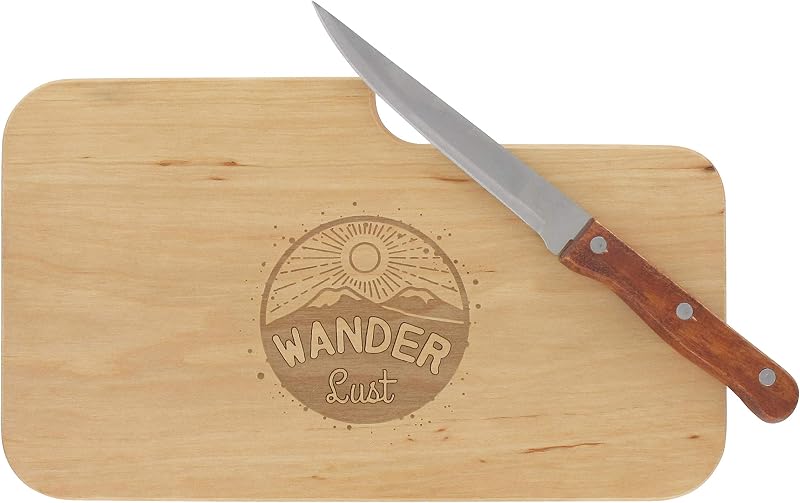 | Brotzeitbrett Holz mit Gravur “Wanderlust” & Messer | 26 x 15 cm | Frühstücksbrettchen Holz Schneidebrett Jausenbrett | Geschenk für Wanderer und Bergfreunde zum Vatertag — Foto 6 von 8