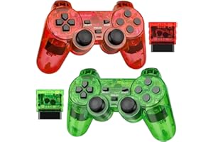 Doueuain Wireless Controller for PS2, 2 Pack 2.4G Dual Vibration Gamepad Joystick Compatible for Play station 2, Ps-2 Game Remote with Wireless Receivers（Clear Red and Clear Green）