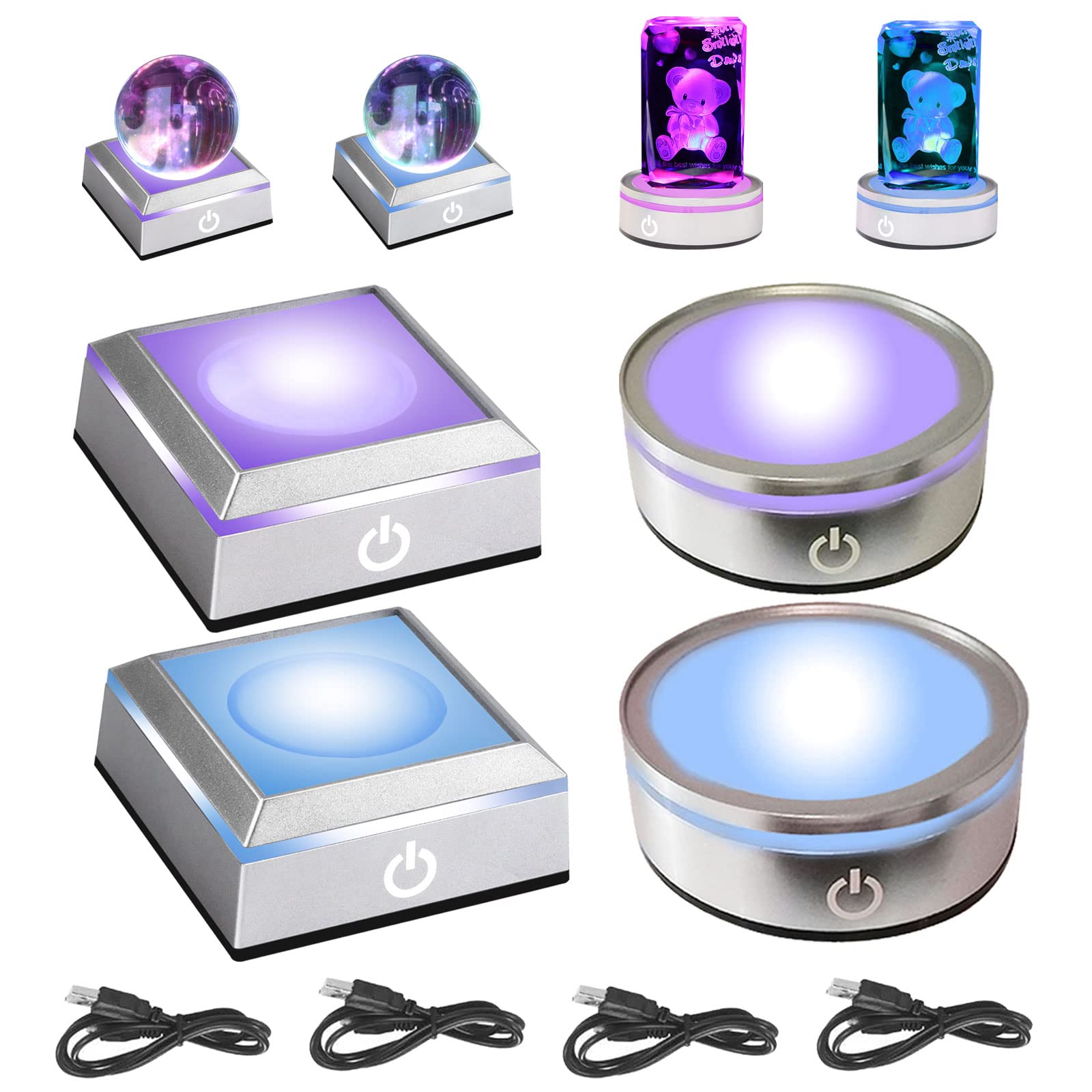CDIYTOOL 4 Pack 6 Colors LED Light Base for 3D Laser Crystal Glass Art, 3" Non-Slip Round/Square Show Stand Display Plate with Sensitive Touch Switch (Flat Base & Concave Base)