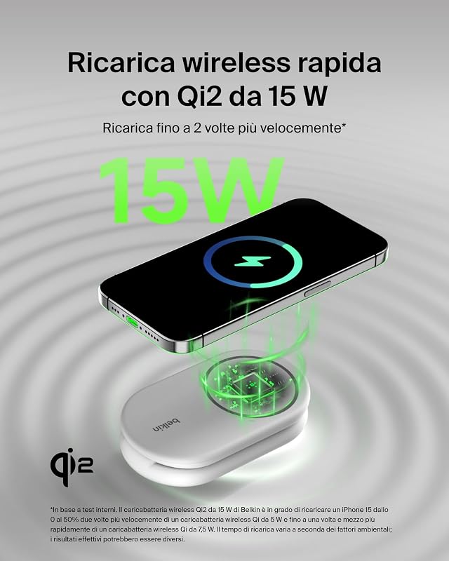 BoostCharge Caricabatteria magnetico pieghevole 2 in 1 con Qi2 15W, Caricatore wireless compatibile con MagSafe, ricarica rapida per Apple iPhone 17, Air, Pixelsnap, alimentatore - Bianco