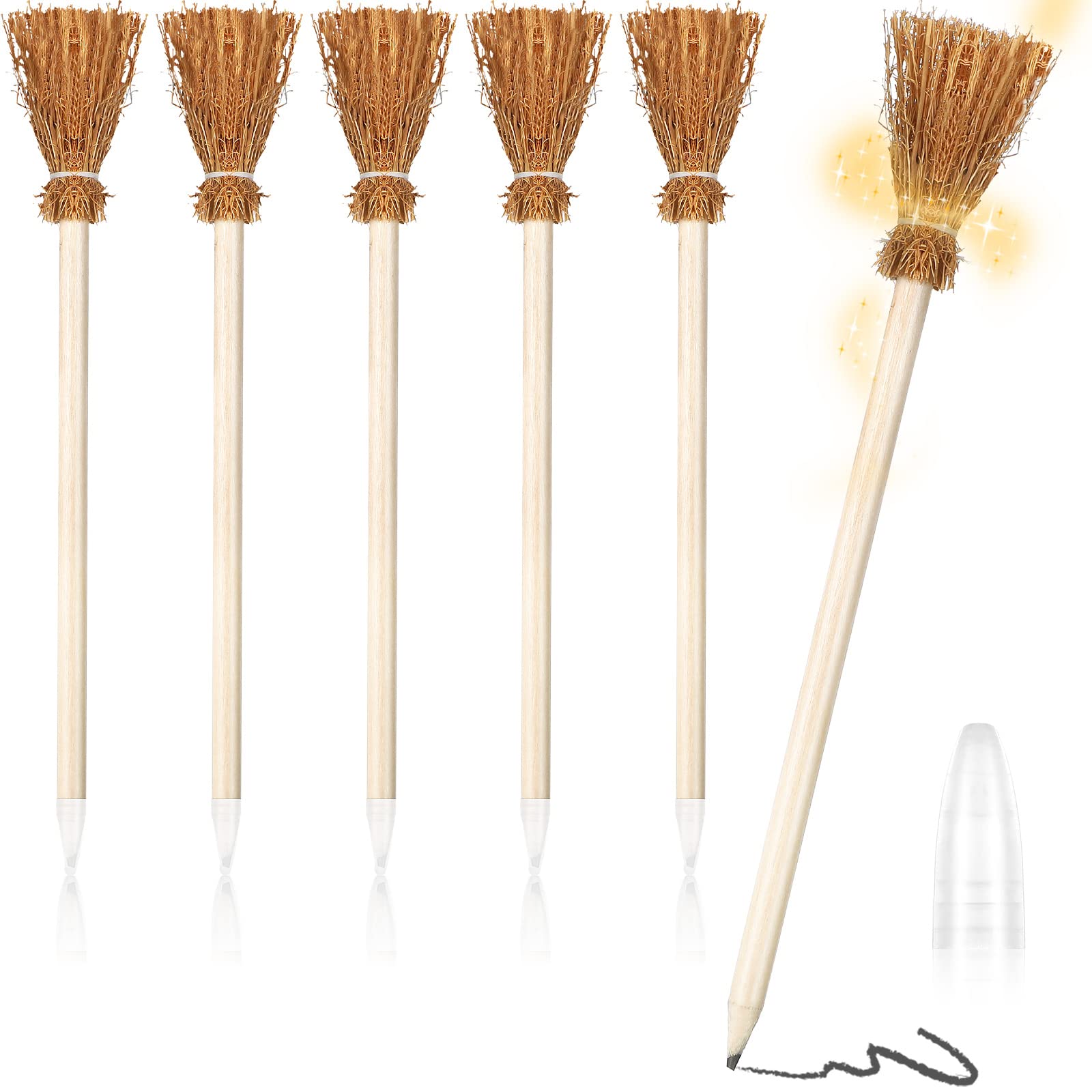 Nezyo 6 Pieces Halloween Broomstick Pencils Wooden Witch Broom Pencils Witch Broom Prop for Halloween Party Favors Decor