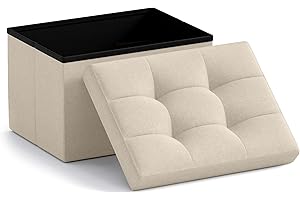Ornavo Home Small Storage Ottoman Foldable Collapsible Rectangle Linen Ottoman Foot Rest Stool Seat, for Living Room, Bedroom, Home Office, Dorm - 12 x 16 x 12, Beige