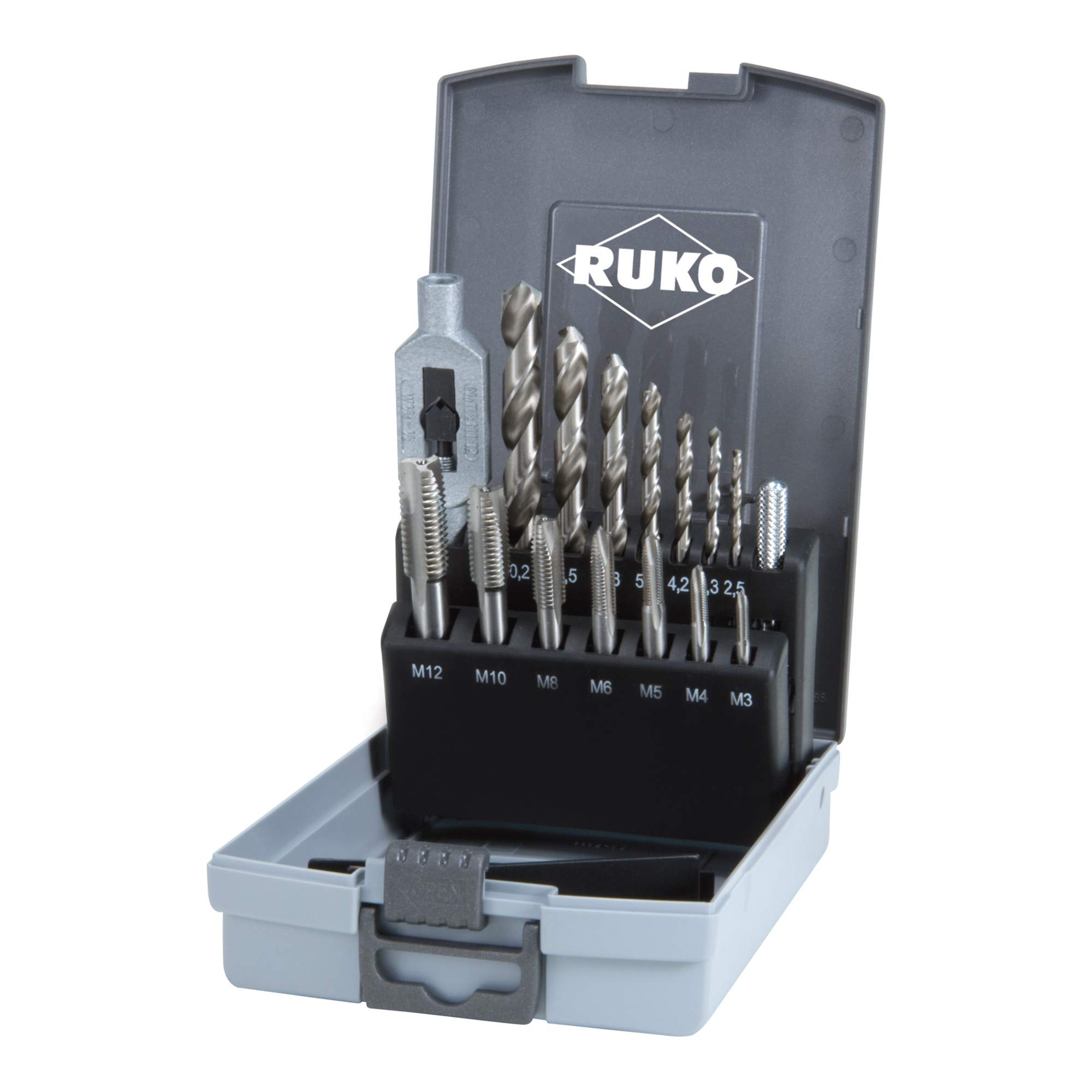 Ruko HSS Single-Cut Tap Set in Plastic Case, Bright Finish, 15 Pieces, R245004RO