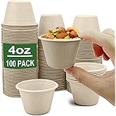 CAMKYDE 4 oz Disposable Bagasse Fiber Souffle Cups 100pk, 100% Natural Biodegradable Compostable Condiment cups Sample Cup Tasting Cup (Natural, Pack of 100)