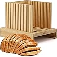 Bamboo Bread Slicer for Homemade Bread, Adjustable Width Bread Slicing Guides with Sturdy Wooden Cutting Board, Compact and Foldable - Makes Cutting Bagels or Even Bread Slices Easy