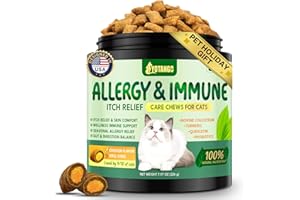 YOTANGO 3-in-1 Cat Allergy Relief for Cats Kittens, 500 Crunchy Chews for Cat Allergy & Itchy Skin Relief + Immune Support + Digestive Support, with Colostrum and Probiotics 500M CFU (Chicken Flavor)