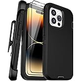 BypaBox for iPhone 14 Pro Max Case 6.7" with 2 Screen Protector and Belt Clip Holster Kickstand, Heavy Duty Military Grade Full Body Protection Phone Cover (Belt Clip,Black)