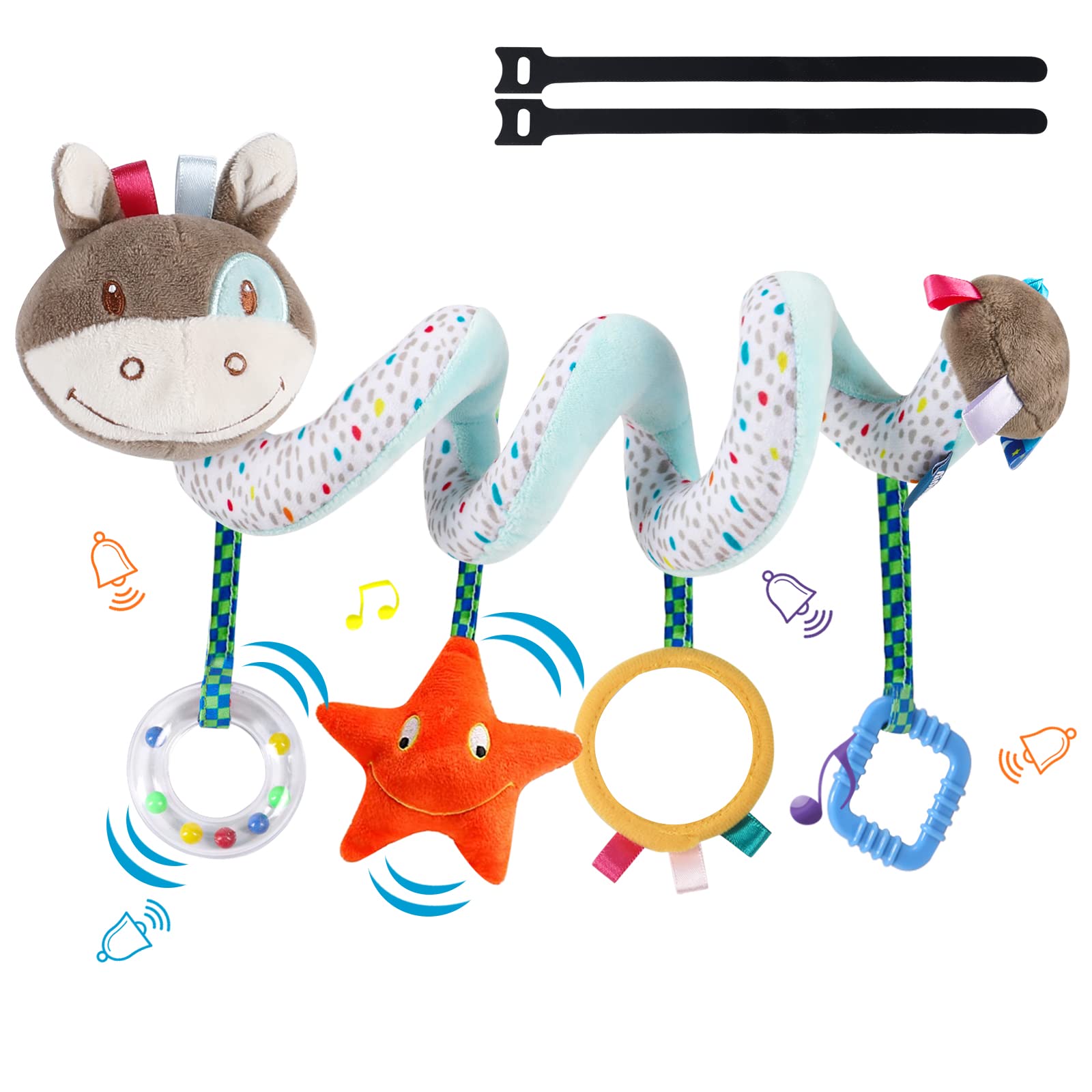 XIXILAND Car Seat Toys for Babies 0-6 Months, Stroller and Infant Toys 0-3 Months, Newborn Brain Development Crib Hanging Toys With Mirror, Rattles, and Teether