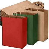 Kolldenn 120 Pcs Brown Red and Green Christmas Gift Bags Holiday Gift Kraft Paper Bags with Handles for Wedding Baby Shower Bridal Shower Shopping Party Favor Business, 8.26 x 6.3 x 3.15 Inches