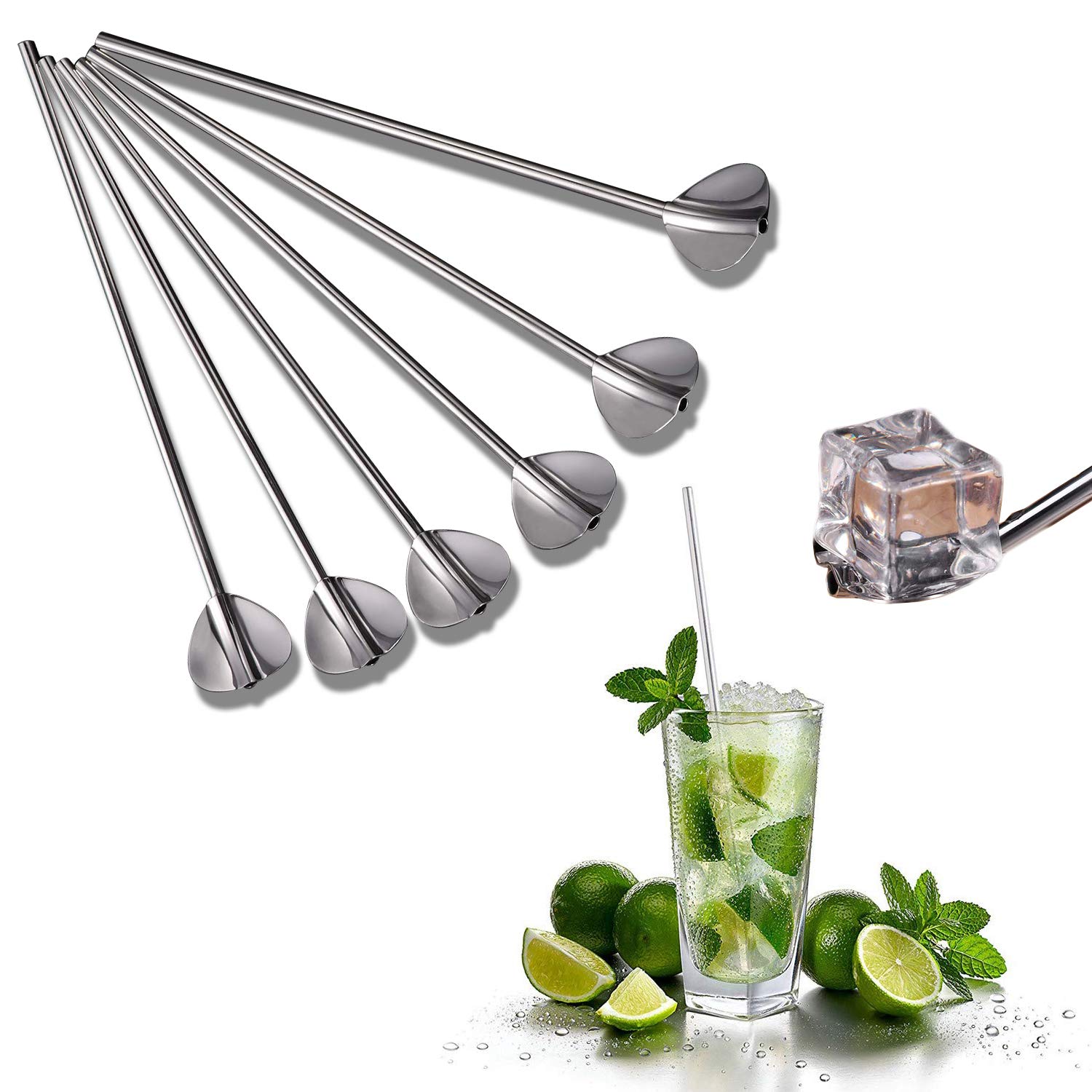 6 Pcs Stainless Steel Spoon Straws - Reusable Metal Drinking Straws with Spoons Ideal for Creamy Milk Tea Coffee, Long Cocktail Stirrers Spoon Straw for Bar, Office, Cafe, Home Use - Heart Shape