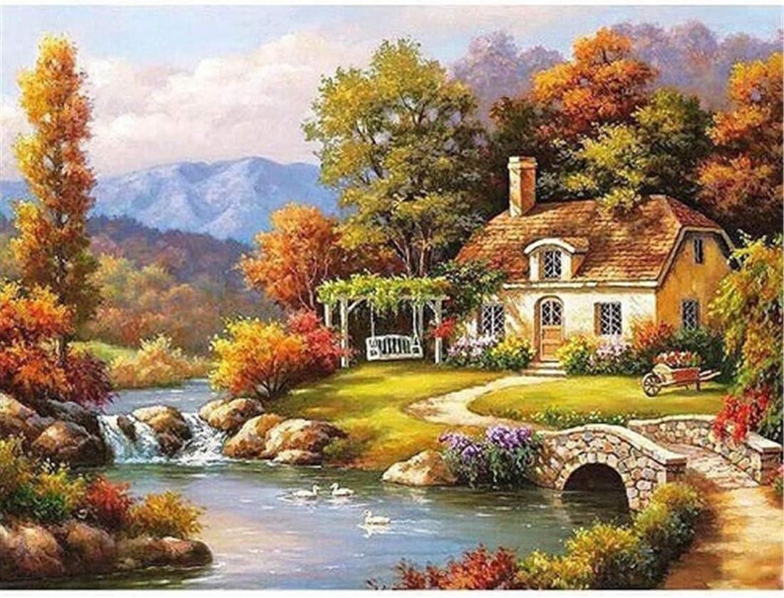 MONICA DIY oil painting kit, paint by numbers kit for kids and adults - Cottage 16x20 inches (Framed)